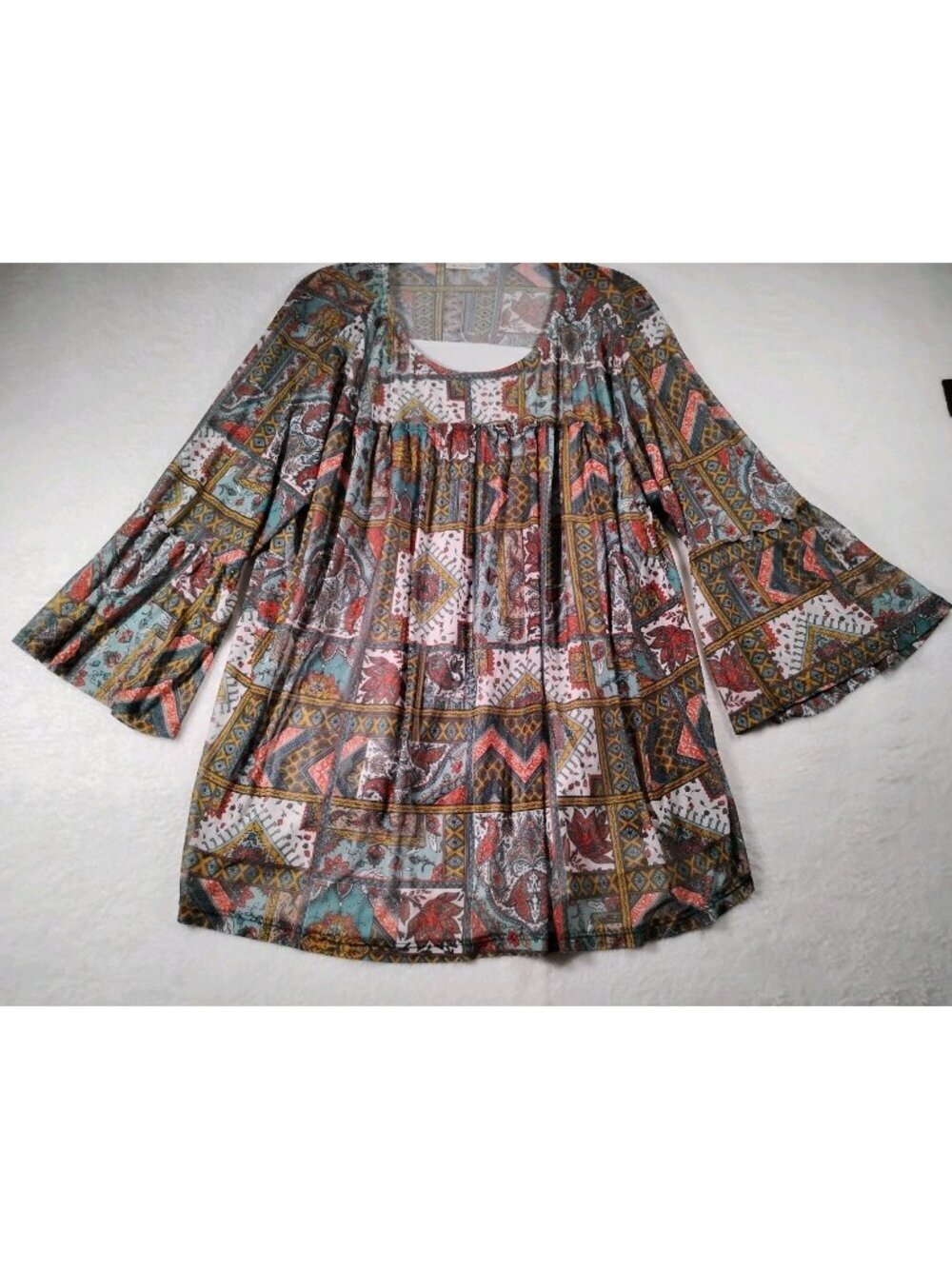 Vtg  Bobbie Brooks Womens Blouse Patchwork Print Boho Smocked Flared Sleeve 3X
